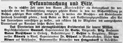 1878 Bekanntmachung und Bitte in der Zeitung